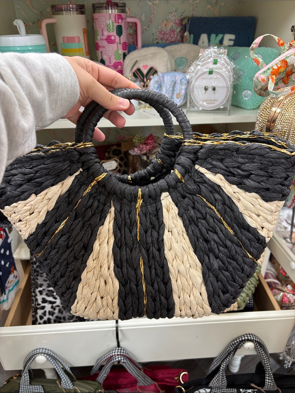 Woven Round-Handle Straw Tote - Black & Cream